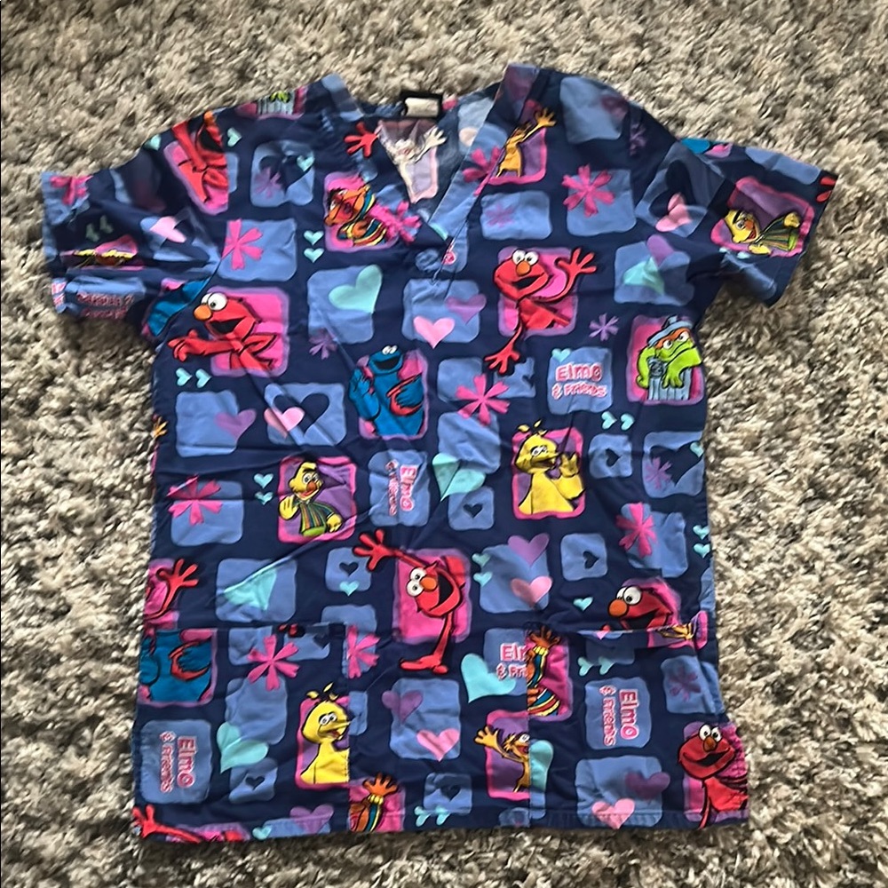 Colorful Cartoon Print Scrub Top